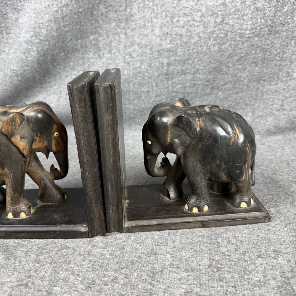 Wood Elephant Bookends Pair Hand Carved Book Holder Brown Home Decor Shelf